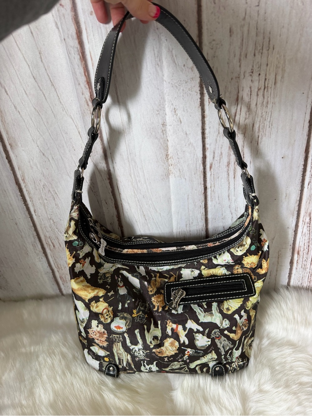 Sydney Love Dog Print Hobo Shoulder Bag Brown Multi Ripstop Novelty NWOT